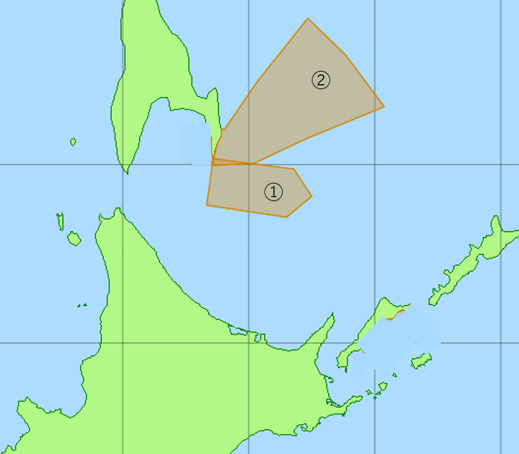 hokkaido_bosai2's tweet photo. 海上保安庁は、ロシアからサハリン周辺で射撃訓練を行う旨の通告を受け、①８月11日(火)から15日(土)、②８月11日(火)から16日(日)、どちらも毎日5:00～21:00まで航行警報を発出しています。
道では、情報収集を行うとともに、新たな情報があれば、お知らせします。

対象水域は下図のとおり https://t.co/iSemRPGl8v