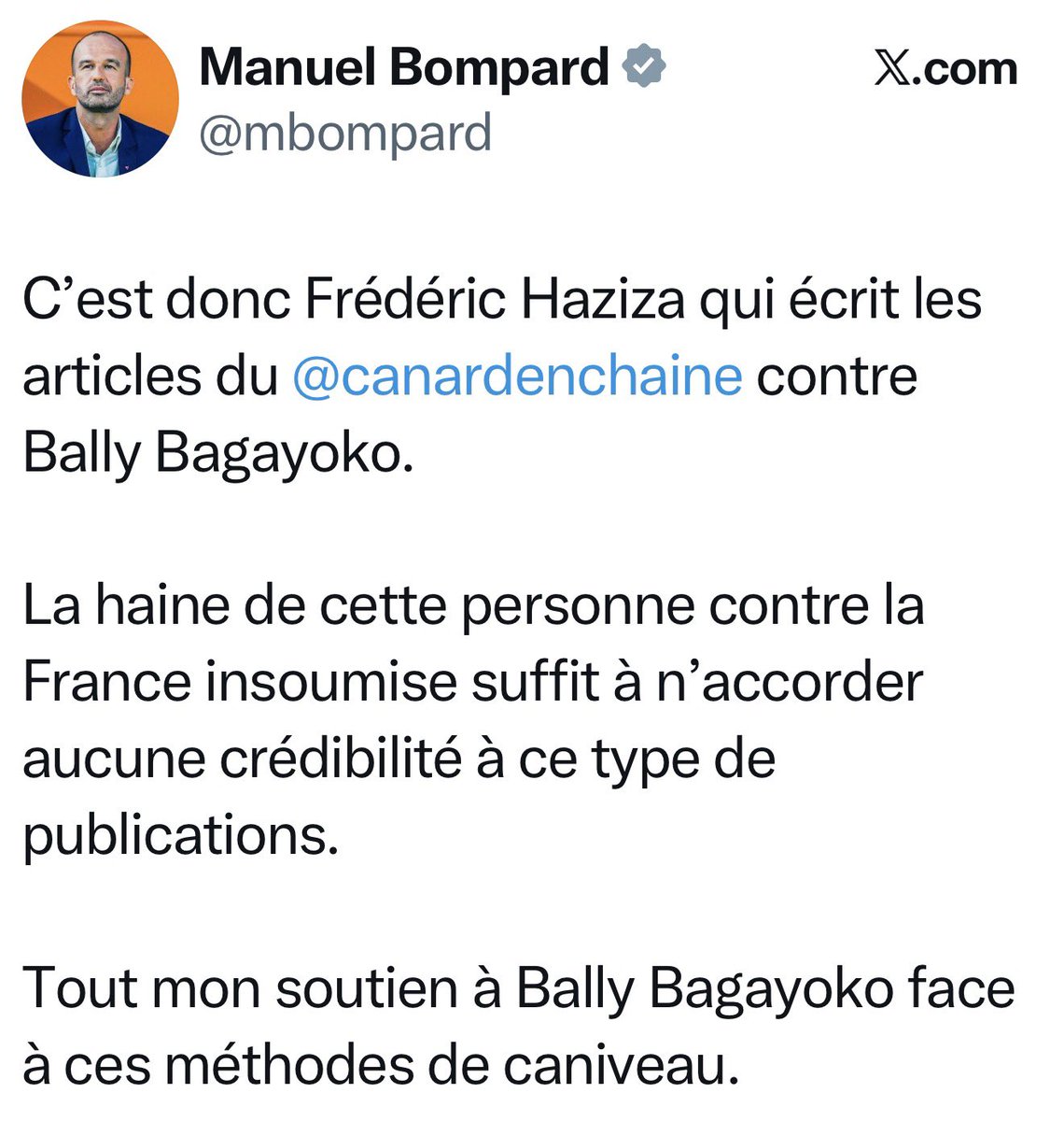 Huberthuertas's tweet photo. On s’en fout que ce soit Haziza ou Zazizou. On s’en fout d’autant plus que le courrier cité n’est pas anonyme. 
Une seule question vaut au sujet d’un article de presse : rapporte-t-il quelque chose de juste ou quelque chose de faux ? 
Ce texto de Manuel Bompard auquel on ne peut pas répondre et qu’on ne peut pas reposter (ci-dessous c’est un saisie d’écran), ne répond pas à l’article mais s’en prend à son auteur. 
Il semble donc que le Canard enchaîné dise vrai et que l’affaire Bagayoko commence réellement à sentir l’affaire Pénélope Fillon, c’est à dire l’emploi fictif, avec la Ratp dans le rôle de Fillon