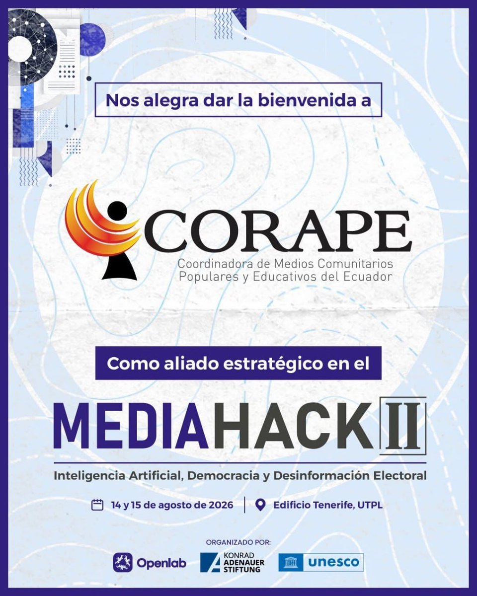 OpenlabEc's tweet photo. 📻 ¡Bienvenida, @CorapeRadio, al #MediaHack2026!

Su trayectoria fortaleciendo la comunicación comunitaria, las radios populares y el acceso a la información en los territorios aporta una perspectiva esencial para enfrentar los desafíos de la desinformación electoral.

La innovación también se construye desde las comunidades y las voces locales. 🤝
Gracias por sumarse a esta iniciativa.

🔗 Más información: https://t.co/DDrXTezSbo