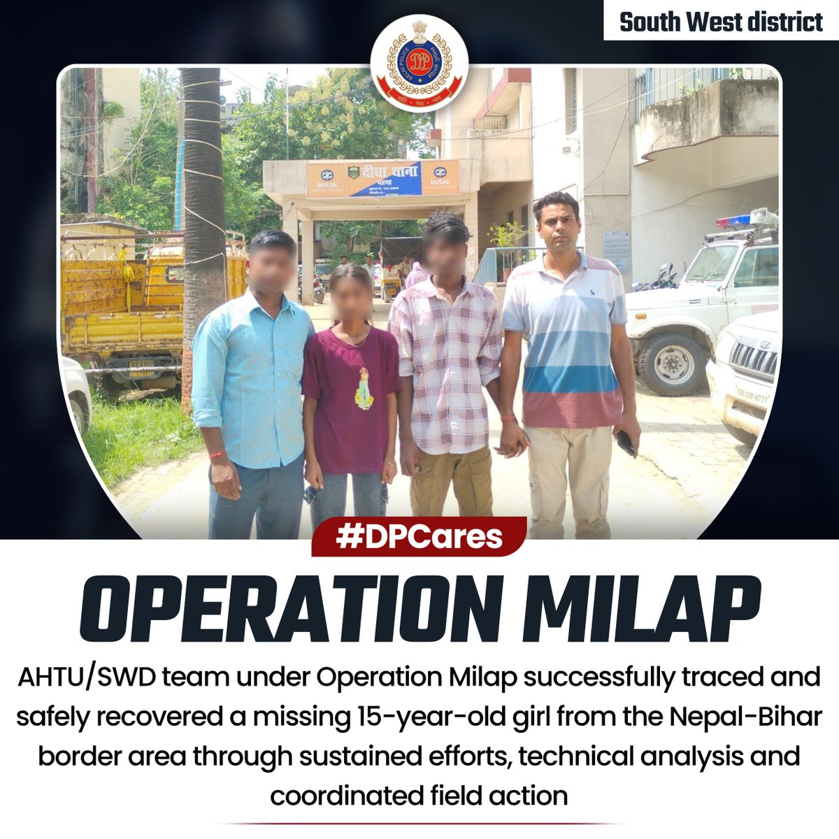 dcp_southwest's tweet photo. ЁЯСоЁЯП╗ Under #OperationMilap, AHTU/SWD successfully traced and safely recovered a missing 15-year-old girl from near the Nepal-Bihar border after sustained efforts, technical analysis and coordinated field action. She was reunited with her family.
@DelhiPolice
@CPDelhi
#DPCares https://t.co/3Udg6o3AkE