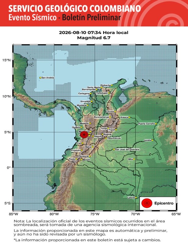 VozMediaUSA's tweet photo. 🚨 URGENTE | Colombia: Autoridades colombianas reportan un terremoto de magnitud 6.7 y profundidad 82 km en San José del Palmar en Chocó. Información en desarrollo. https://t.co/JT9apU9HA0