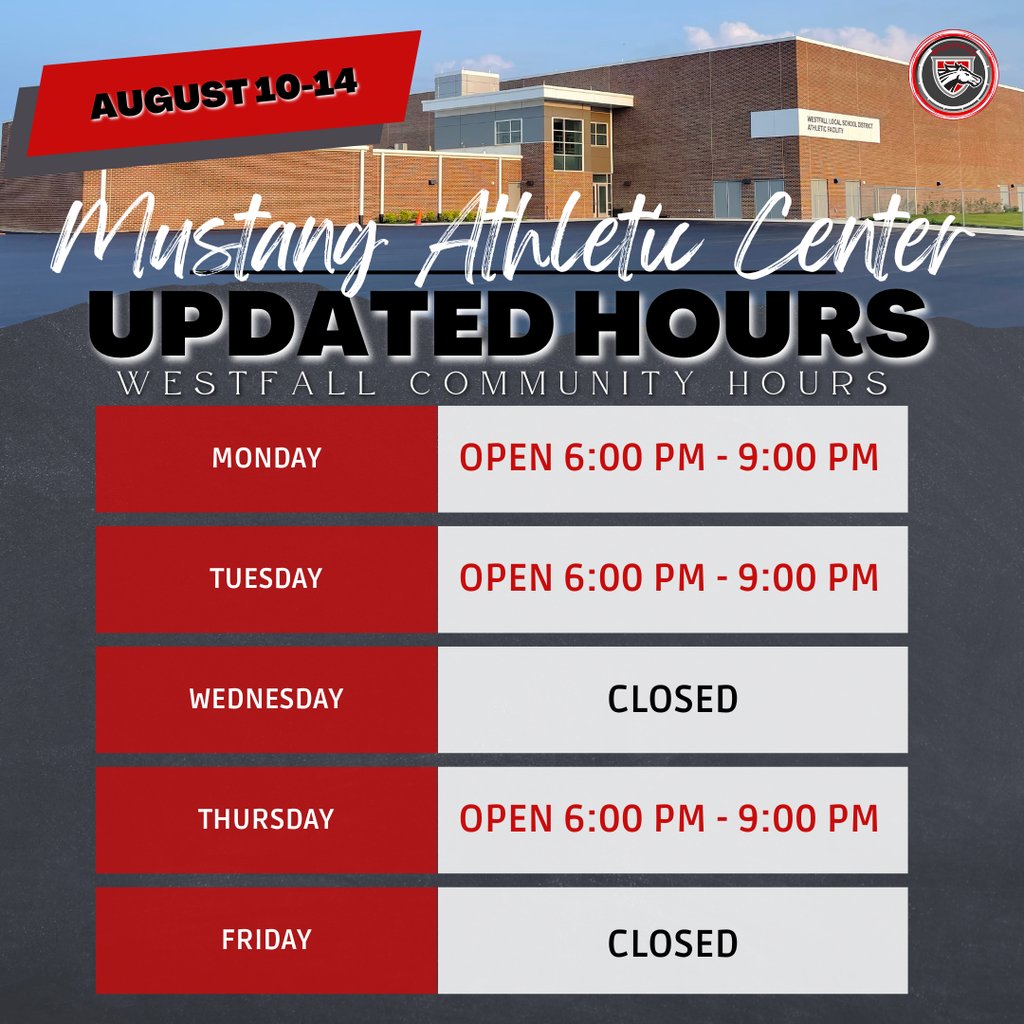 WestfallSchools's tweet photo. Community Hours for the week of August 10:

Dates and times are subject to change, so please check back weekly for the most up-to-date schedule https://t.co/mU5IBfoWFo