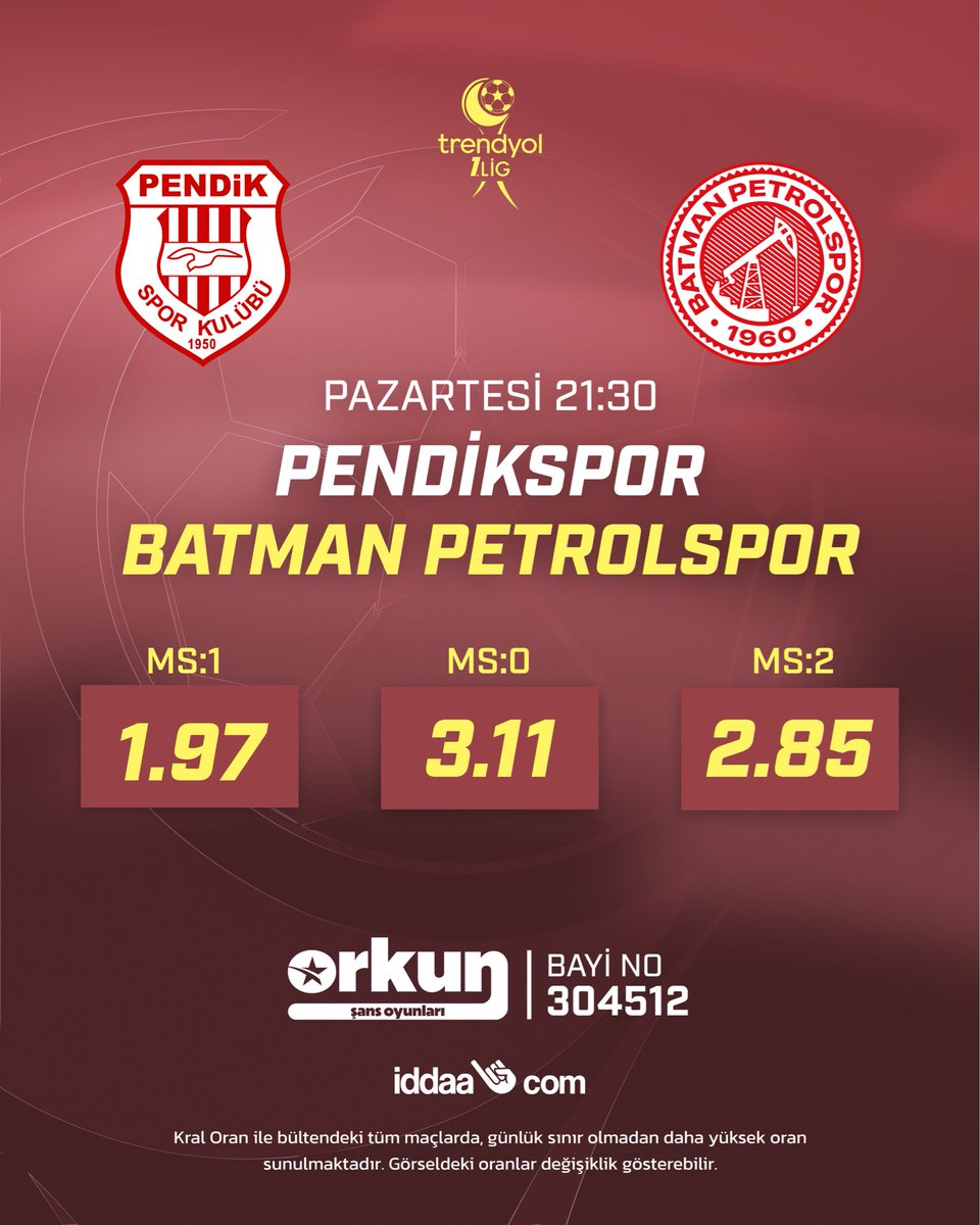 304512OrkunSans's tweet photo. Pazartesi akşamı sahne Türkiye’de. 🇹🇷⚽

🏟️ Pendikspor – Batman Petrolspor
🕒 21:30

Oranları Yakala 👀
🔗 Link bio'da https://t.co/stNmM0CXIm