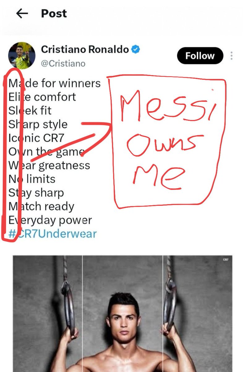 TouchnineX_'s tweet photo. 🚨🔙 When Cristiano Ronaldo admitted in a tweet that Leo Messi owns him. 🤣 https://t.co/W5ctrF0Ovi