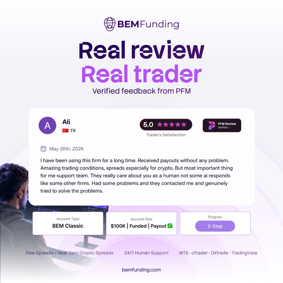 TrustedPropHub's tweet photo. This is the kind of review that deserves attention. 👀

A trader with a $100K funded account rated BEM Funding 5/5 on @PropFirmMatch highlighting successful payouts, strong trading conditions, near-zero crypto spreads and, most importantly, real human support.

Respect to @BemFunding for putting real trader feedback front and centre. 🤝

Real review. Real trader. Real experience.

Follow @TrustedPropHub for daily prop firm updates & industry news. 🚀