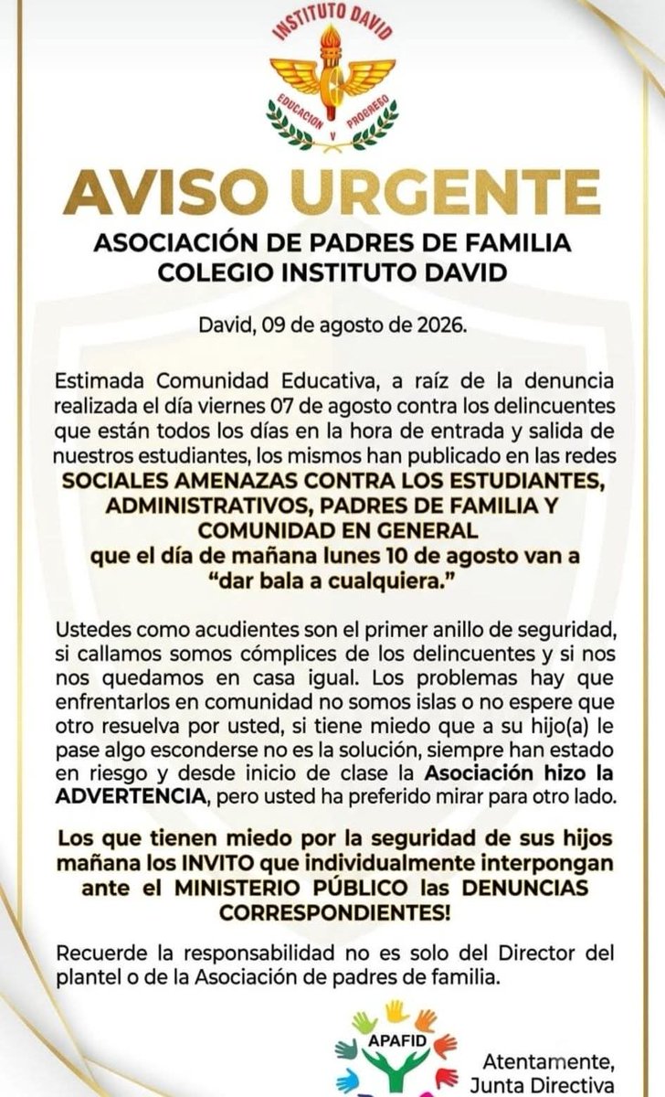 RetenChiriqui's tweet photo. 🚨 Alerta en el Instituto David: la Asociación de Padres de Familia reportó presuntas amenazas difundidas en redes contra integrantes de la comunidad educativa y exhortó a los acudientes a presentar las denuncias correspondientes.
https://t.co/ZbiobXZkwm
#RetenChiriquí #IDavid https://t.co/tLxvfDhkjh