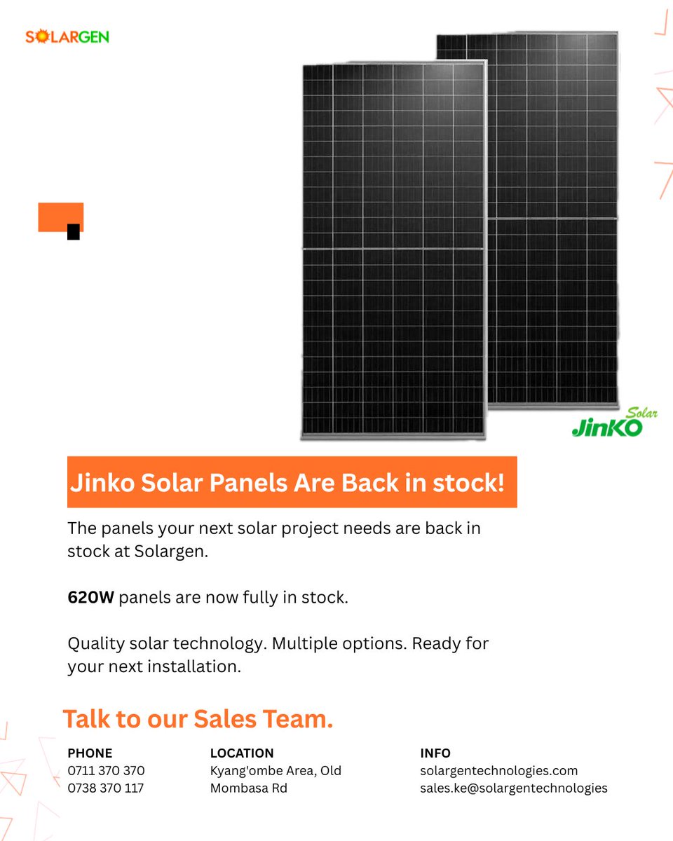 Solargentech's tweet photo. Jinko Solar is BACK IN STOCK!

Looking for high-wattage panels for your next solar project? Our Jinko Solar 620W panels are now available at Solargen.

Get the panels you need and keep your project moving.

Talk to our Sales Team today. 📞0711 370 370 | 
0738 370 117 https://t.co/ja3dulmhJg