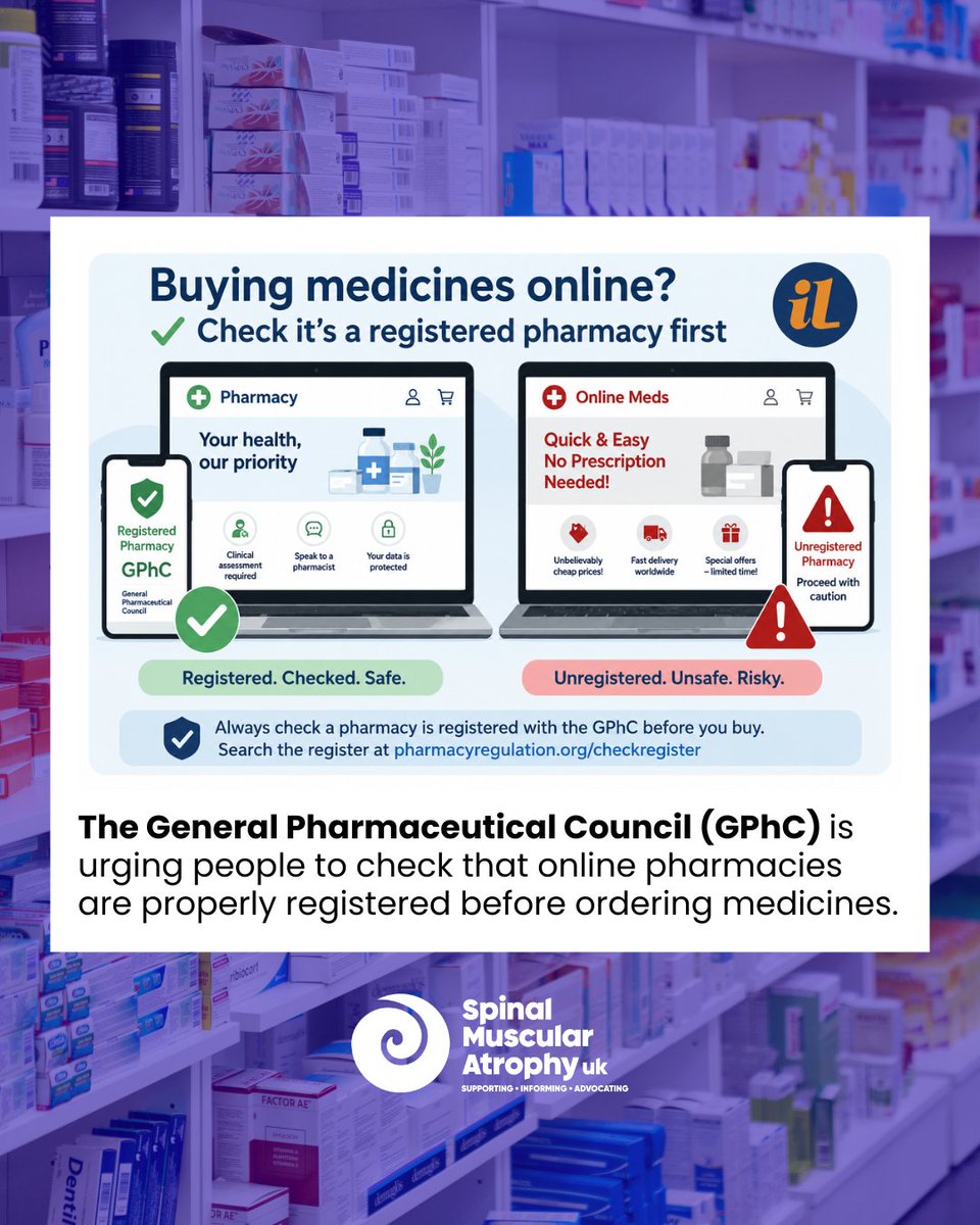 SMA_UK_'s tweet photo. The General Pharmaceutical Council (GPhC) is urging people to check that online pharmacies are properly registered before ordering medicines. Medicines that contain the wrong ingredients, incorrect doses, or harmful substances, put your health at risk  👉 https://t.co/DF109JnCAD https://t.co/x6vWq3xvbl