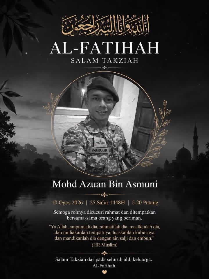 rotikosongdal's tweet photo. Dimaklumkan bahawa Saudara Mohd Azuan Bin Asmuni telah meninggal dunia pada hari Isnin 10 Ogos 2026 (bersamaan 25 Safar 1448) pada jam 5.20 petang.

Jenazah akan dikebumikan di Felda Semenchu Kota Tinggi, Johor.

Lama aku perhati perkembangan kesihatan arwah, Al-Fatihah. https://t.co/ldfvg9wyD8