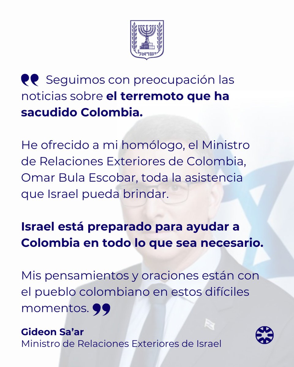 IsraelinSpanish's tweet photo. Israel está preparado para ayudar a Colombia en todo lo que sea necesario" - Declaraciones del Ministro de Relaciones Exteriores de Israel, Gideon Sa'ar https://t.co/FBFcoI2um6
