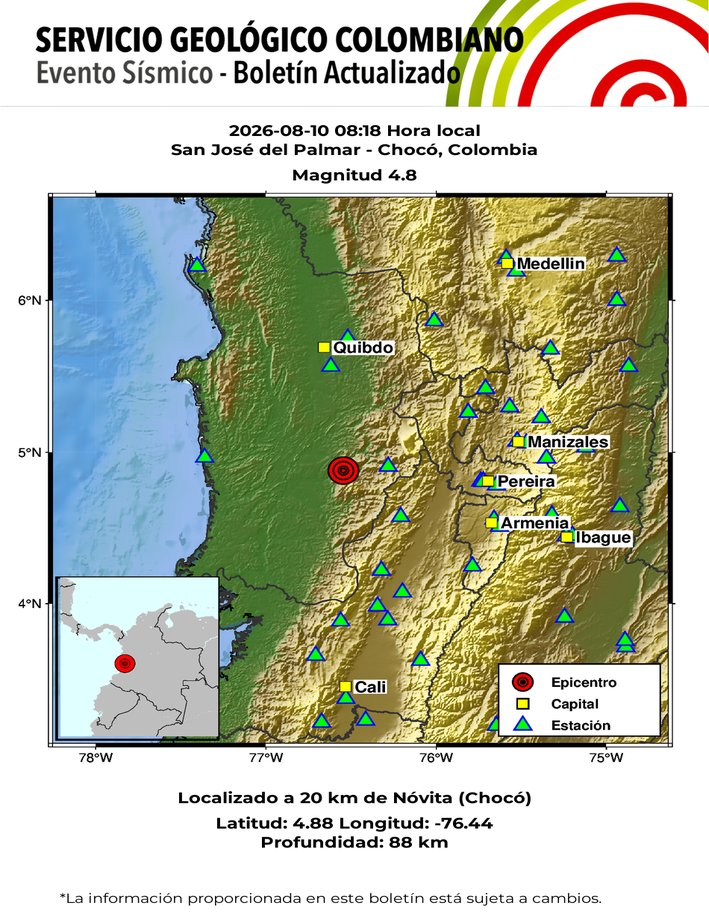 sgcol's tweet photo. #SismosColombiaSGC Evento Sísmico - Boletín Actualizado 1, 2026-08-10, 08:18 hora local Magnitud 4.8, profundidad 88 km, San José del Palmar - Chocó, Colombia ¿Sintió este sismo? repórtelo https://t.co/pgC7OC2O7j https://t.co/63pt8nVsSe #NoticiaEnDesarrollo https://t.co/rejSYSiIJ8