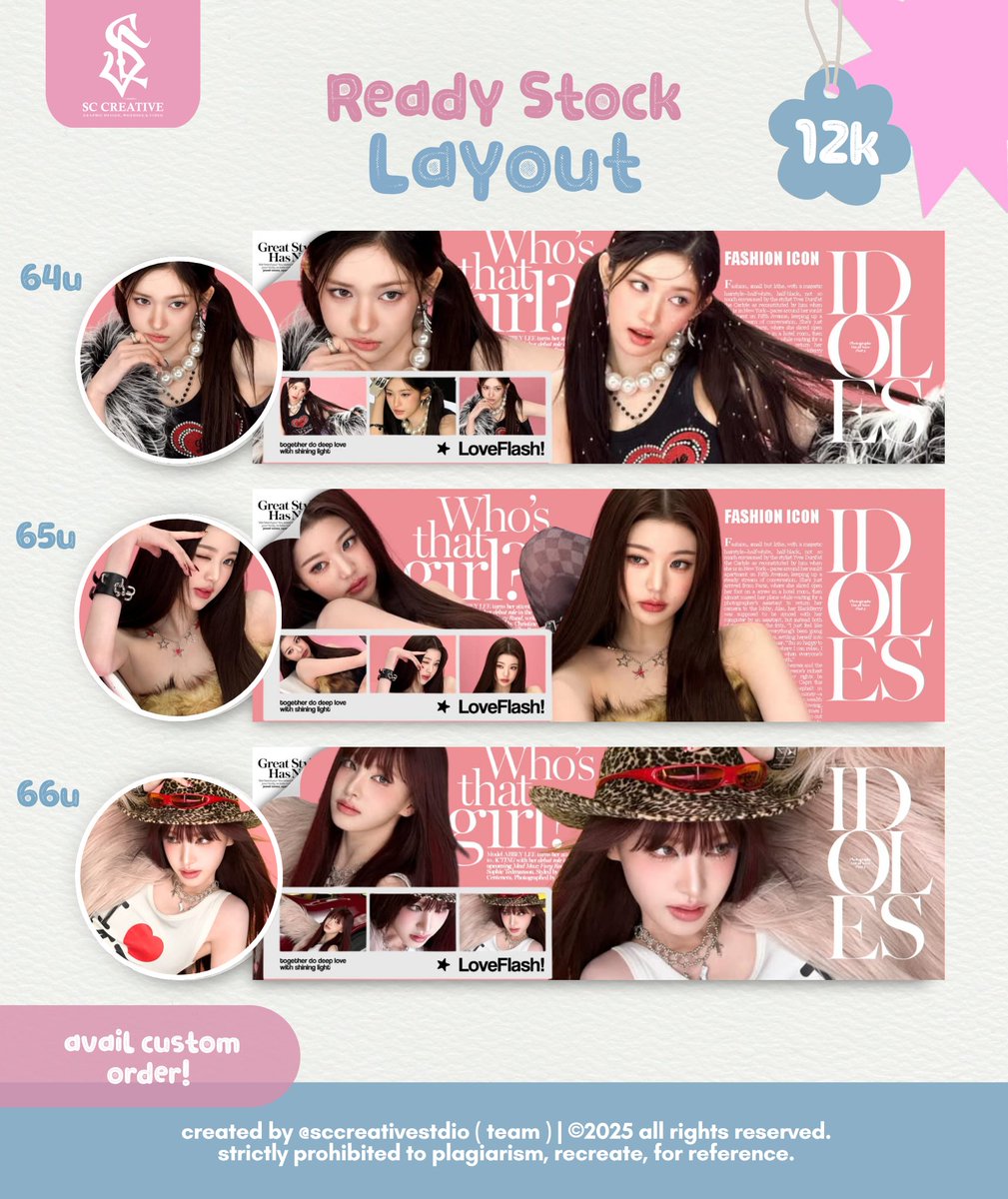 SCCREATIVEarts's tweet photo. Help retweet? thank you 💗 
Hai, aku membawa layout ready stock terbaru dari Leeseo, Wonyoung, Liz IVE ✨
☎️ Jemput layoutnya di wa @sccreativestdio 

#zonauang #zonaba https://t.co/GBxUyVtoi5
