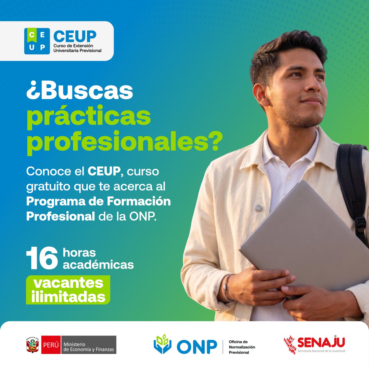 senaju's tweet photo. ¿Estás por egresar o acabas de terminar la universidad? ✨👀

El Curso de Extensión Universitaria Previsional (CEUP) es gratuito. Además, los mejores participantes podrán acceder al Programa de Formación Profesional de la ONP.

Postula aquí: https://t.co/QsyIJeTwck https://t.co/9AVcrCVoAy