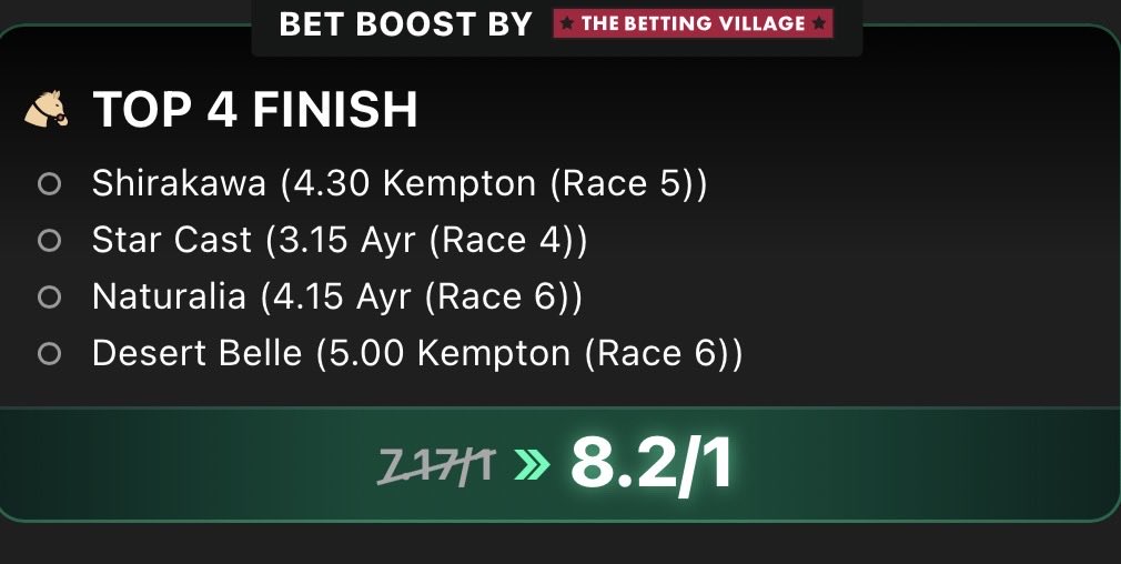 bettingvillage's tweet photo. 🐎 8/1 Horse Boost 

3:15pm start 🚨 

Load to your slip..

Here 👉🏼 https://t.co/XEEYOZTE5g

Price subject to change.

18+ gambleaware #AD T&amp;Cs apply https://t.co/Td9YkW92P9