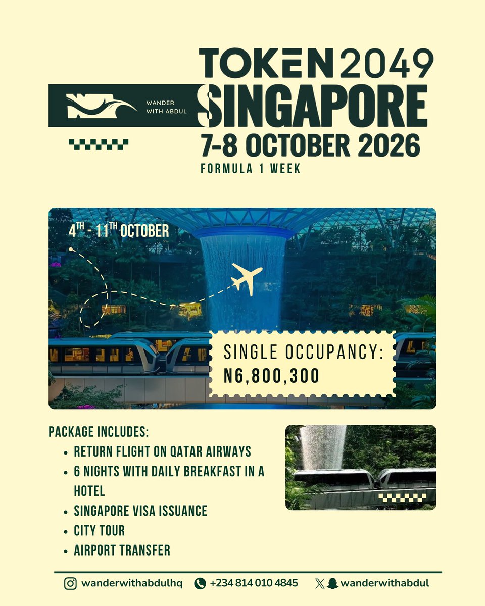 wanderwithabdul's tweet photo. Our package for #TOKEN2049 Singapore is live, this means you can also attend the F1 Grand Prix which is the same week. 

4th - 11th October 2026

Package includes:
-  Return flight on Qatar Airways 
-  6 Nights with Daily Breakfast
-  Singapore Visa issuance
-  Airport Transfer 
-  Guided city Tour

Price: N6,800,300 (Single Occupancy)

To get started, send us a DM or contact +2348140104845.
We look forward to having you on this amazing trip.