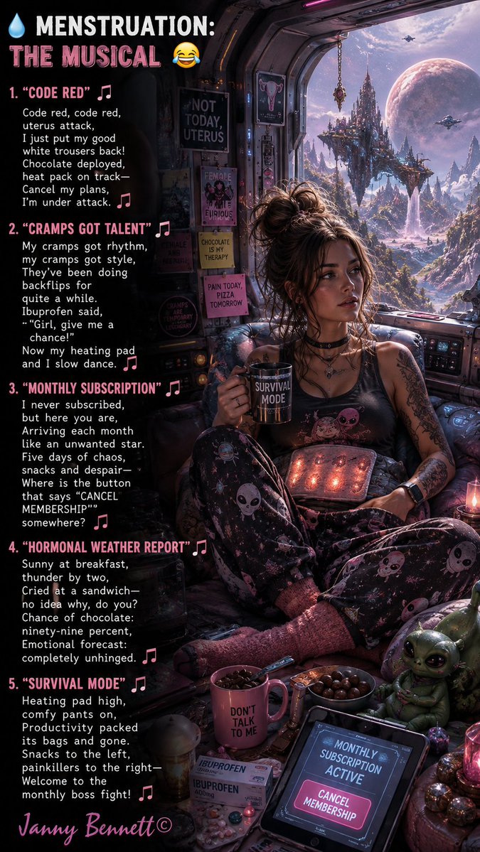 sunshine_mocha's tweet photo. #Menstruation #PeriodHumor #PeriodProblems #MenstruationHumor #PeriodMeme #CodeRed #CrampsGotTalent #MonthlySubscription #HormonalWeather #SurvivalMode #UterusProblems #HeatingPadLife #ChocolateTherapy #WomenHumor #SciFiArt #SurrealArt #AIArt #DigitalArt #JannyBennettArt https://t.co/3aUEv8csyJ