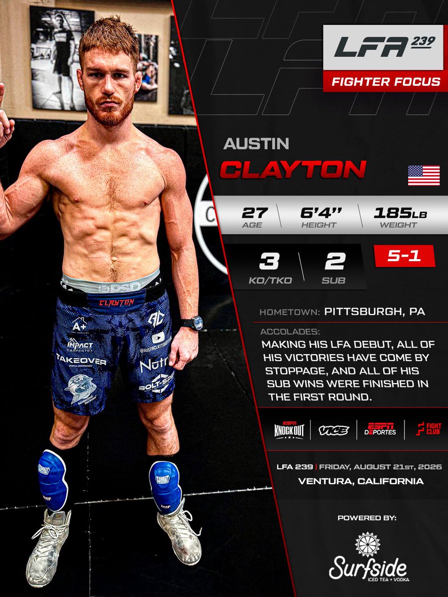 LFAfighting's tweet photo. #LFAFighterFocus Austin Clayton 🇺🇸

Drop a comment if you are excited to see top prospect inside the #LFAOctagon

Powered by: @DrinkSurfside 

🔜 #LFA239 

📲 @VICETV @ESPNBrasil @ESPNKnockout @ESPNDeporte https://t.co/tvIQpbz9cf