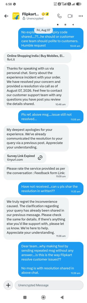 saini247's tweet photo. @flipkartsupport What solution? Can u pls clerify here. Attached is the chat SS, NO solution given, only sending same repeated msg. @_Kalyan_K ..Sir pls support. https://t.co/xlsBUpOH0a