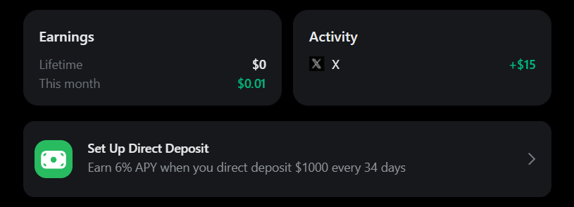 LawlessAlien's tweet photo. @XMoney Thanks for allowing me to be a Part of the Start of X - Money and Thanks so much for the Initial $15!!! ❤️❤️❤️❤️❤️

This is Exciting and a 6% Annual Savings Rate with Direct Deposit and 4% without is still a REALLY GOOD DEAL!!

Most would Laugh at the Amount of Earnings this Month, but that is 3 days in!!!

AGAIN, THANK YOU!!!