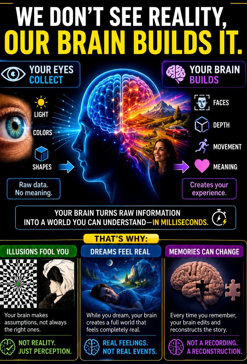 ShafiqueSh85525's tweet photo. We Don’t See Reality, Our Brain Builds It.

Our eyes collect light, colors, and shapes. But our brain turns that raw information into faces, depth, movement, and meaning in milliseconds.

That’s why illusions fool you, dreams feel real, and memories can change. https://t.co/MgvtWAC6fr