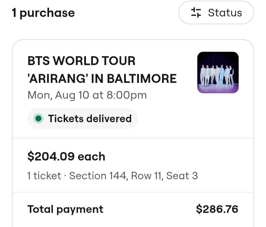 smirkbts's tweet photo. Selling my baltimore d1 ticket for BTS on stubhub: https://t.co/1YGnTl7pzJ

WTS @875tickets https://t.co/WCOFK3Sdm8