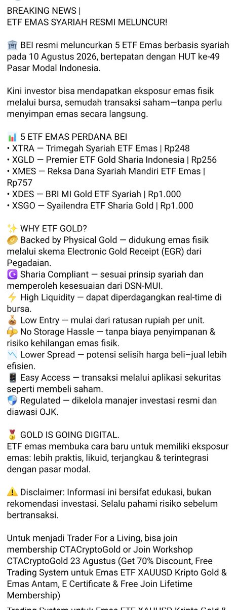 andri_zakarias's tweet photo. BREAKING NEWS
ETF EMAS SYARIAH resmi meluncur!
Banyak kelebihan dibanding trading ataupun investasi emas fisik.
#ctacryptogold
#ctasaham
#etfemassyariah
#idx
#emas https://t.co/Q2pXzhsyHA