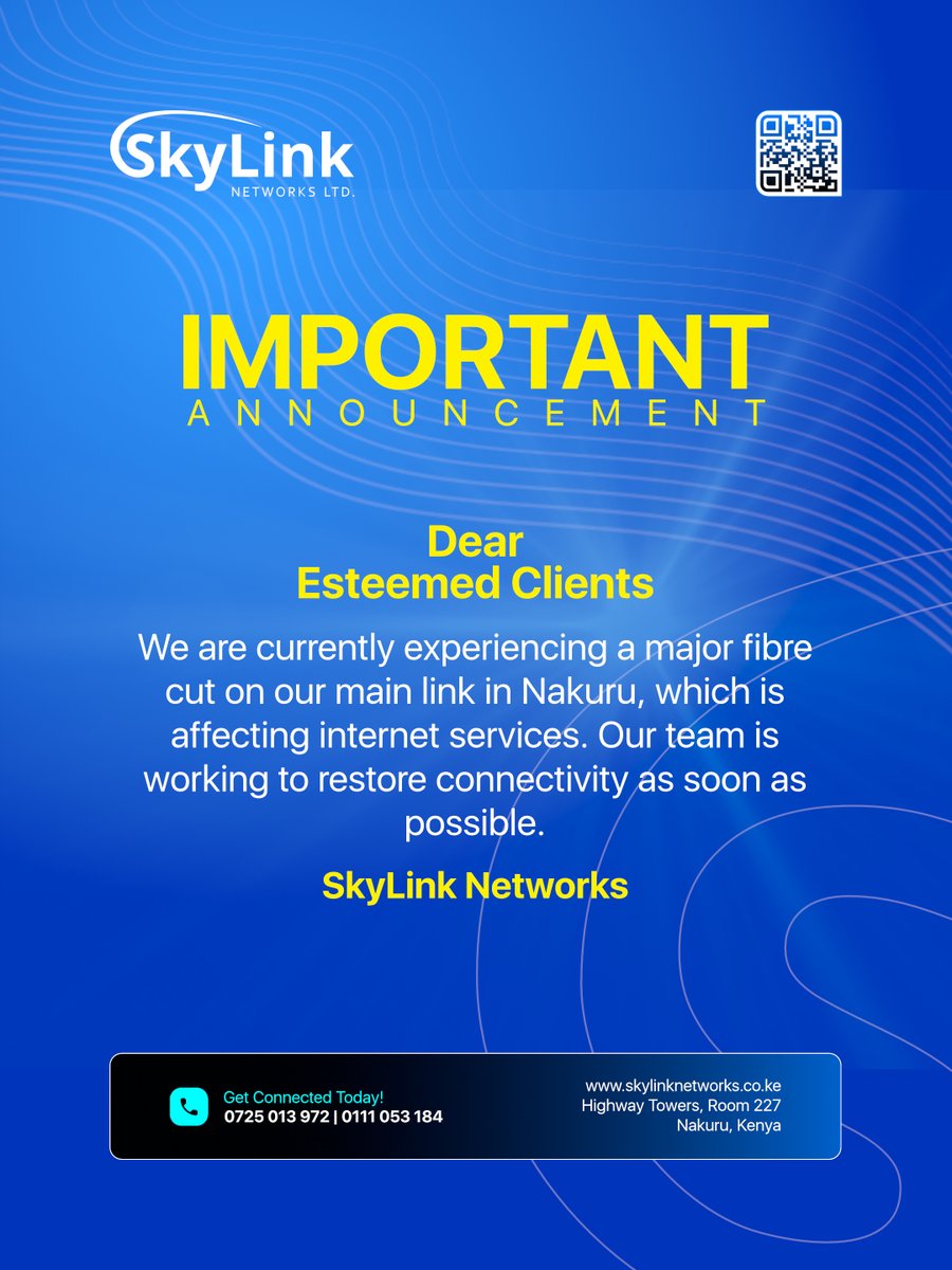 SkyLinkNetwork_'s tweet photo. Dear Esteemed Clients,

We are currently experiencing a major fibre cut on our main link in Nakuru, which is affecting internet services. Our team is working to restore connectivity as soon as possible.

We apologize for the inconvenience and appreciate your patience. https://t.co/JmyEXugDCc