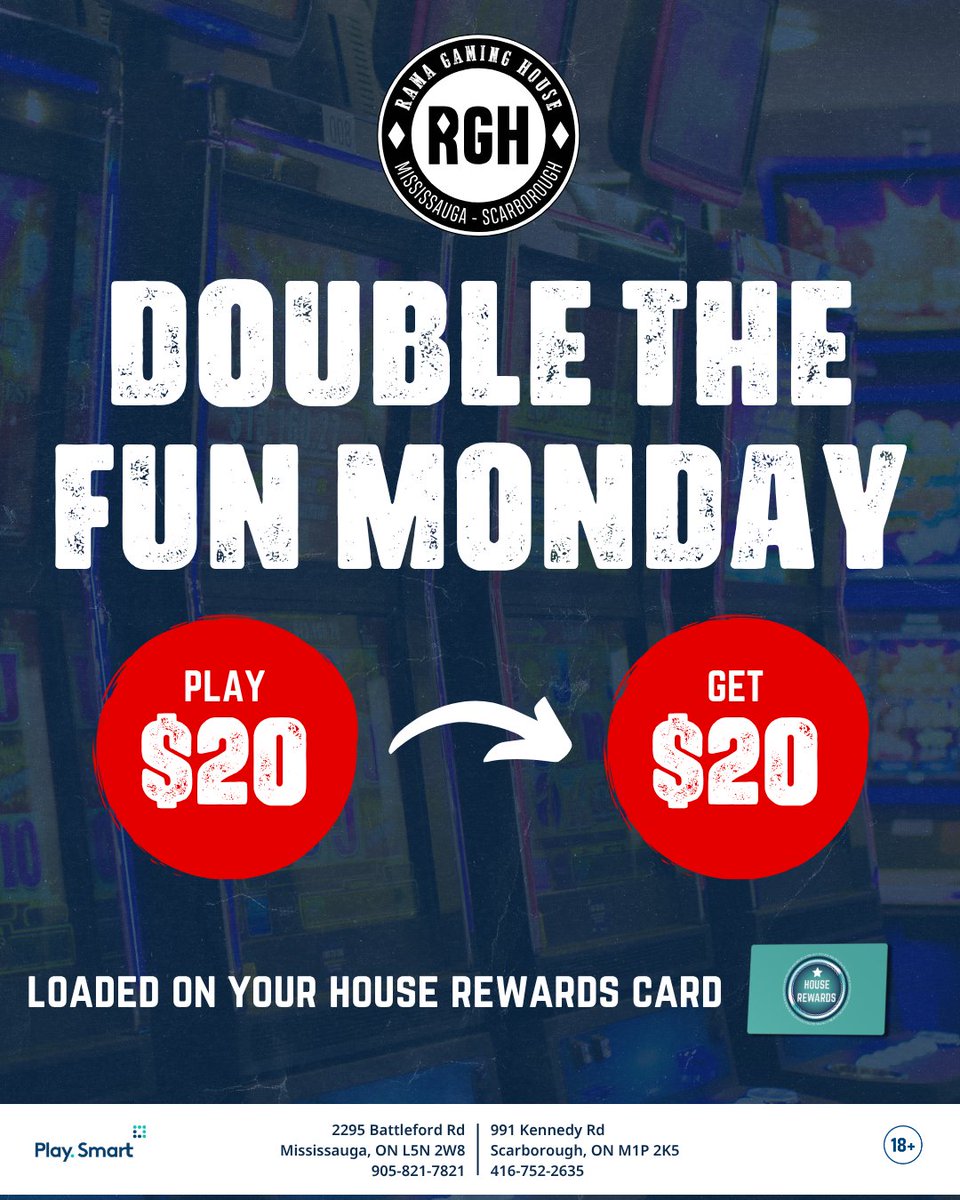 RamaGamingHouse's tweet photo. Double your excitement this Monday at Rama Gaming House! Play $20, Get $20 loaded on your House Rewards Card. 🎰 #GamingFun #DoubleTheFun https://t.co/Q1WWHsL7UI