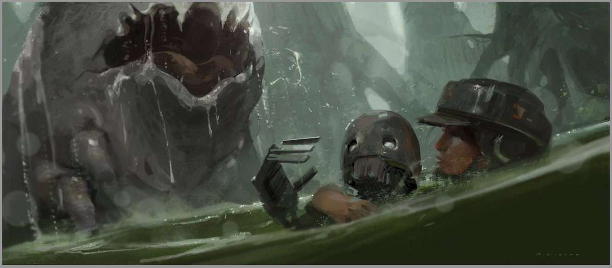 MattAllsopp1's tweet photo. Back with some more Rogue One concept sketches exploring the search for Saw Gerrera’s hideout.  In this case, a jungle planet heart of darkness type journey. The last shot of K2SO being swallowed by the vines is an obvious homage to Akira. 

#starwars #conceptart #rogueone #K2SO