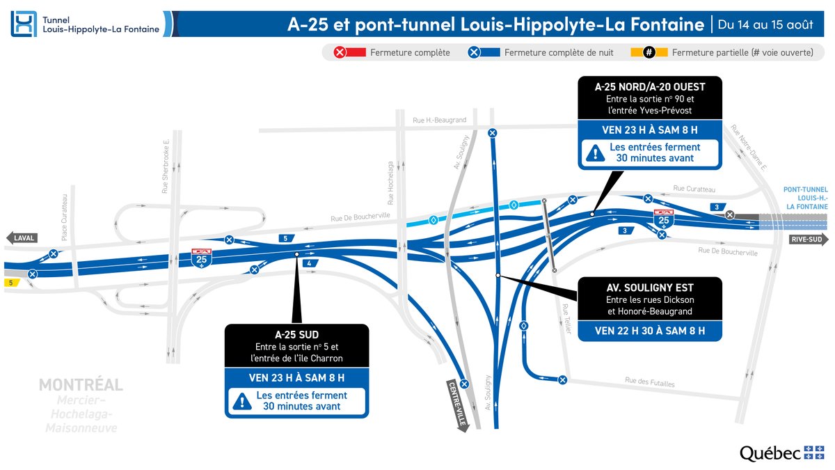 Transports_Qc's tweet photo. ‼️FERMETURE DU TUNNEL – NUIT DU 14 AU 15 AOÛT‼

Des fermetures de l’autoroute 25 sont prévues entre jeudi et samedi, dont l’une nécessitera une fermeture du tunnel.

‼️RAPPEL‼️ Fermeture de l’autoroute 20 en direction est à Boucherville, du 14 au 17 août

https://t.co/VSqQkEOGkU https://t.co/b9O44Emcd8