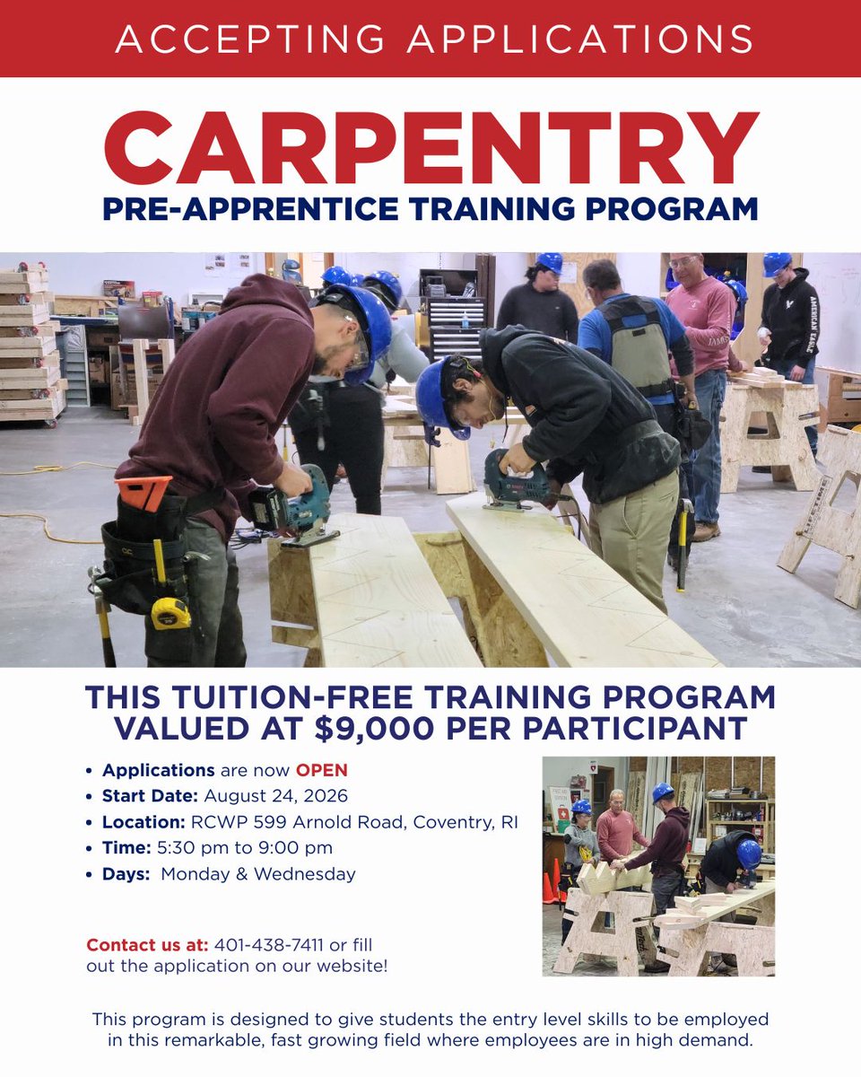 RCWPRI's tweet photo. Just a few days left! 🛠️ RCWP’s tuition-free Carpentry Pre-Apprentice Program starts Aug. 25 in Coventry.

📆 Mon. &amp; Wed.
🕔 5–9 PM
📍 599 Arnold Rd.

Apply: https://t.co/3BipZryuW3
 ☎️ 401-438-7411 https://t.co/OJEIoGU6YO
