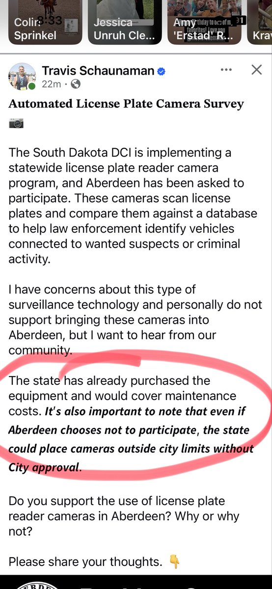 TobyForSD's tweet photo. ** From Aberdeen Mayor’s Facebook page **

South Dakota DCI is installing surveillance cameras all across the state.  Why? They say it’s to track criminals.  It may do that, but it also tracks and records data on people that are not breaking any laws whatsoever.

THIS IS 100% UNACCEPTABLE. 

Moreover, as I marked in one of the photos, the state has already spent your tax dollars to buy the equipment for the entire state. 

Where was the public discourse? Where and when were the citizens of South Dakota consulted as to whether they wanted cameras installed tracking their every move.
￼