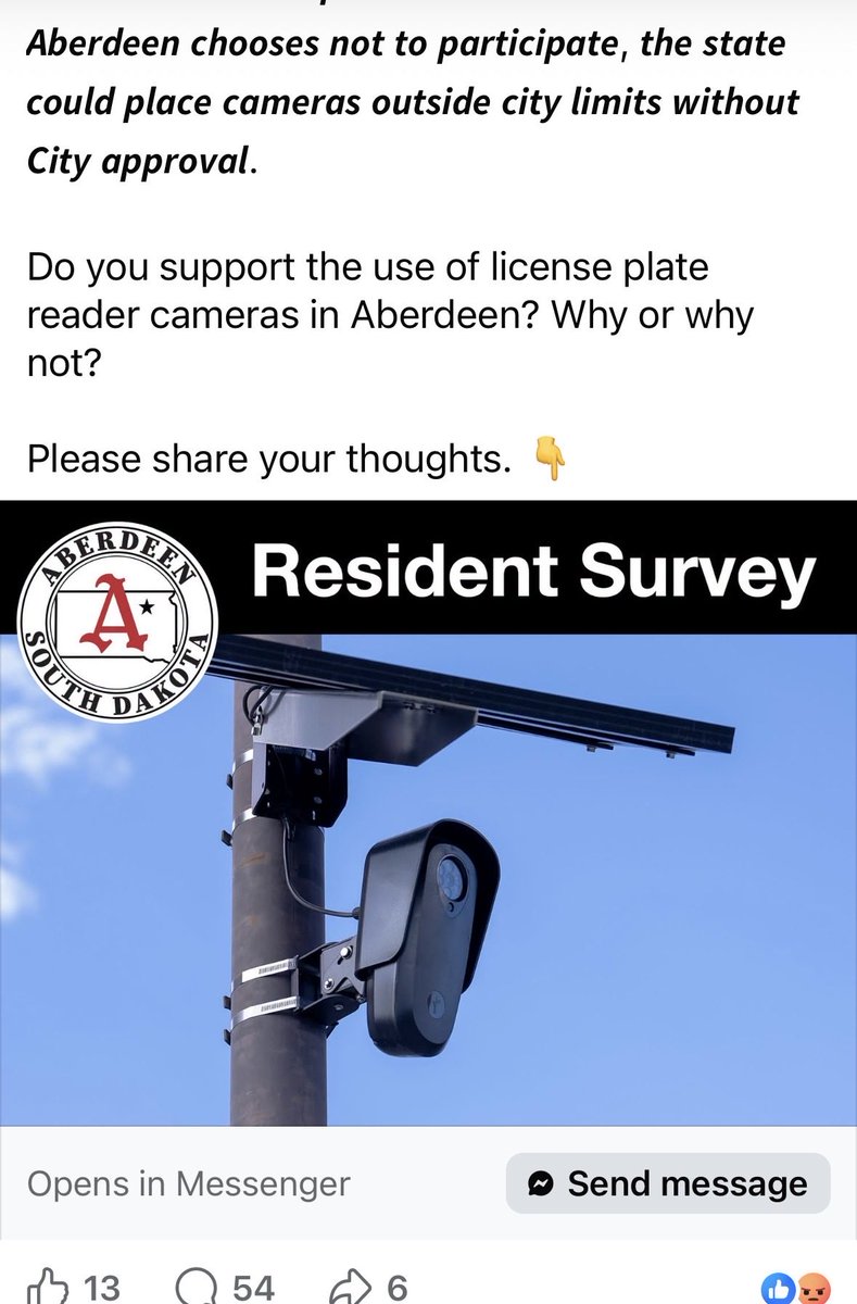 TobyForSD's tweet photo. ** From Aberdeen Mayor’s Facebook page **

South Dakota DCI is installing surveillance cameras all across the state.  Why? They say it’s to track criminals.  It may do that, but it also tracks and records data on people that are not breaking any laws whatsoever.

THIS IS 100% UNACCEPTABLE. 

Moreover, as I marked in one of the photos, the state has already spent your tax dollars to buy the equipment for the entire state. 

Where was the public discourse? Where and when were the citizens of South Dakota consulted as to whether they wanted cameras installed tracking their every move.
￼