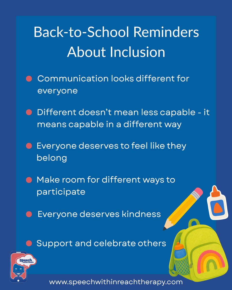 ReachSpeech's tweet photo. ✏️📚 Back-to-school season is about more than new supplies and new routines—it’s an opportunity to create a school year where every child feels seen, valued, and accepted. 

#speechwithinreach #speechtherapy #backtoschool https://t.co/nW7rIyVpbC