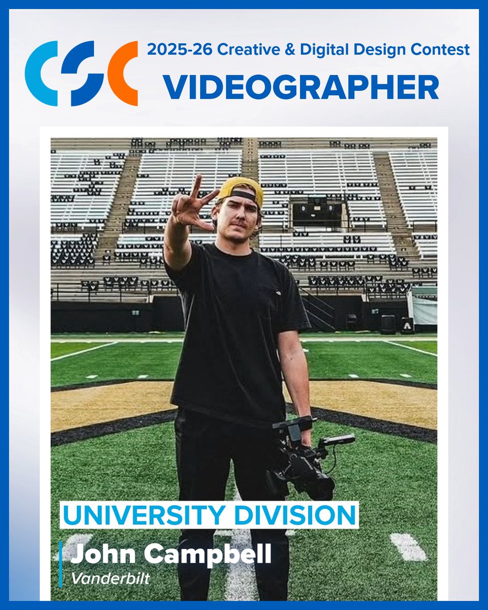 CollSportsComm's tweet photo. Another amazing videographer and creator! 🎥 John Campbell of Vanderbilt was named the CSC Creative & Digital Design Contest Videographer of the Year for the University Division!

Check out his award-winning portfolio ⬇️:
https://t.co/Zq9jnnZYIt

@wedgwood__ @VanderbiltU @vucommodores