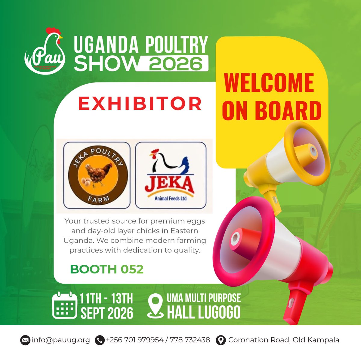 PauPoultry24's tweet photo. Meet Jeka Poultry Farm Ltd at #UPS2026!

An active player in Uganda’s poultry value chain and importer of Solprovit poultry nutrition products.

Booth 052
Date: 11–13 Sept 2026
Venue: UMA Multi-Purpose Hall, Kampala
Come connect, learn &amp; discover poultry solutions! https://t.co/4vF0J1TBw4