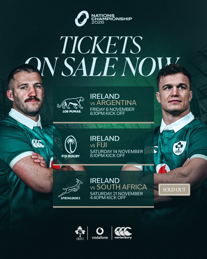 IrishRugby's tweet photo. Tickets for our Nations Championship matches against Argentina and Fiji at Aviva Stadium are on General Sale now. 🎟️

Secure your tickets for November now ➡️ https://t.co/Q1YlXnWoDk https://t.co/0PM9p8BqOI