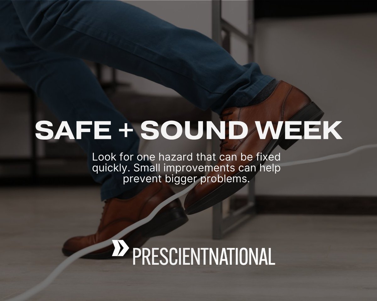 PrescientIns's tweet photo. Today’s #SafeAndSoundWeek tip: Walk your workplace with fresh eyes. Look for one hazard that can be fixed quickly - blocked walkways, poor lighting, missing signage, or cluttered work areas. Read more: https://t.co/LAuf1zQ8L0
#WorkplaceSafety #InjuryPrevention #SlipTripFall https://t.co/ew2Eji7iMM