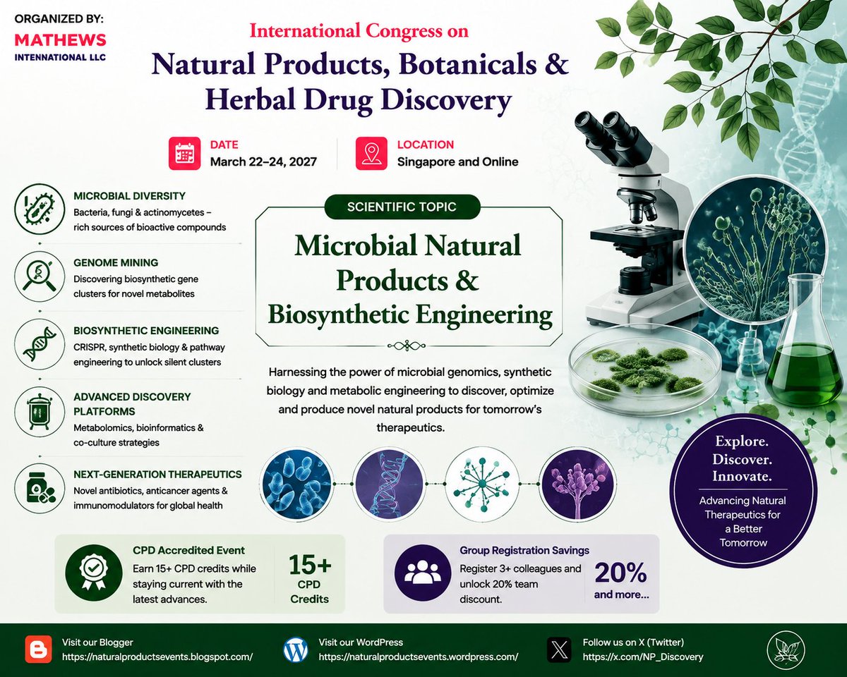 NP_Discovery's tweet photo. 🌱 Rooted in Nature, Driven by Discovery
Join NP Discovery 2027 to explore emerging advances in microbial natural products, biosynthetic engineering and next-generation drug discovery.
March 22–24, 2027
📍 Singapore &amp; Online
📝 Submit your abstract:
 https://t.co/mVxr1DZT14 https://t.co/Iyg6gbw4JS