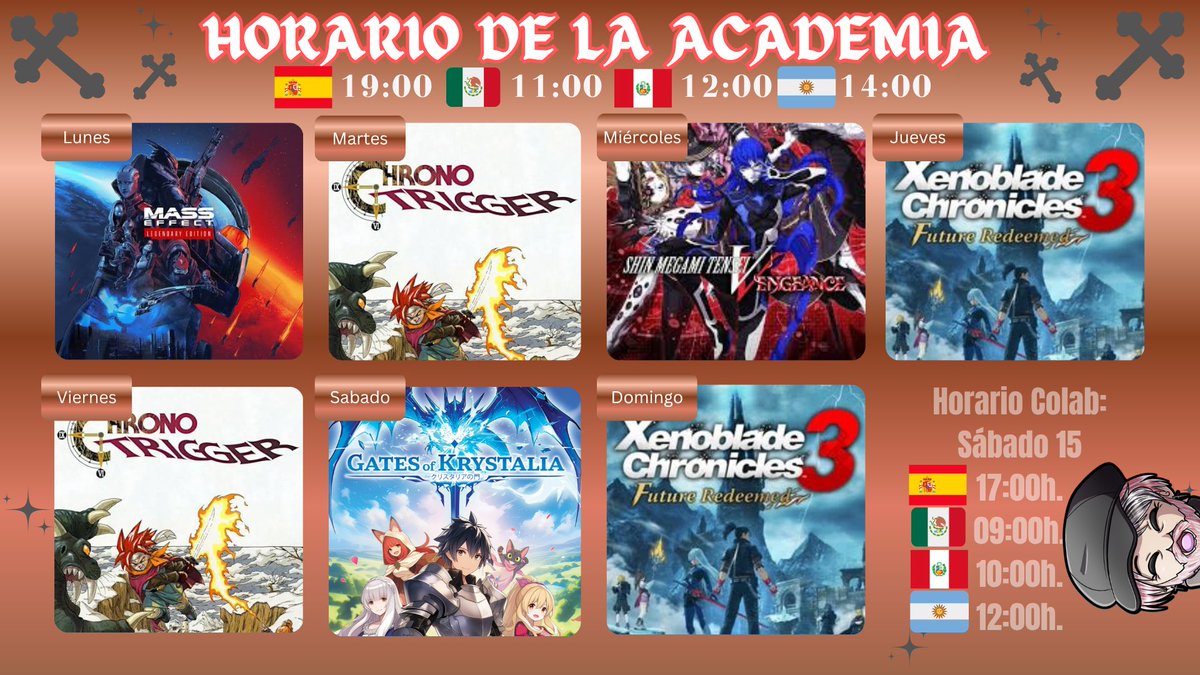 KarkasVt's tweet photo. Por aquí está el horario de la semana:
Tendremos: #MassEffect x1, #ChronoTrigger x2, #SMTV x1, #XenobladeChronicles3 (DLC) x2, #GatesofKrystalia (Con Sephy, Erkendir y Roy)
Nos vemos en #Twitch
https://t.co/pMH4xLwogb https://t.co/2asTfi63kp