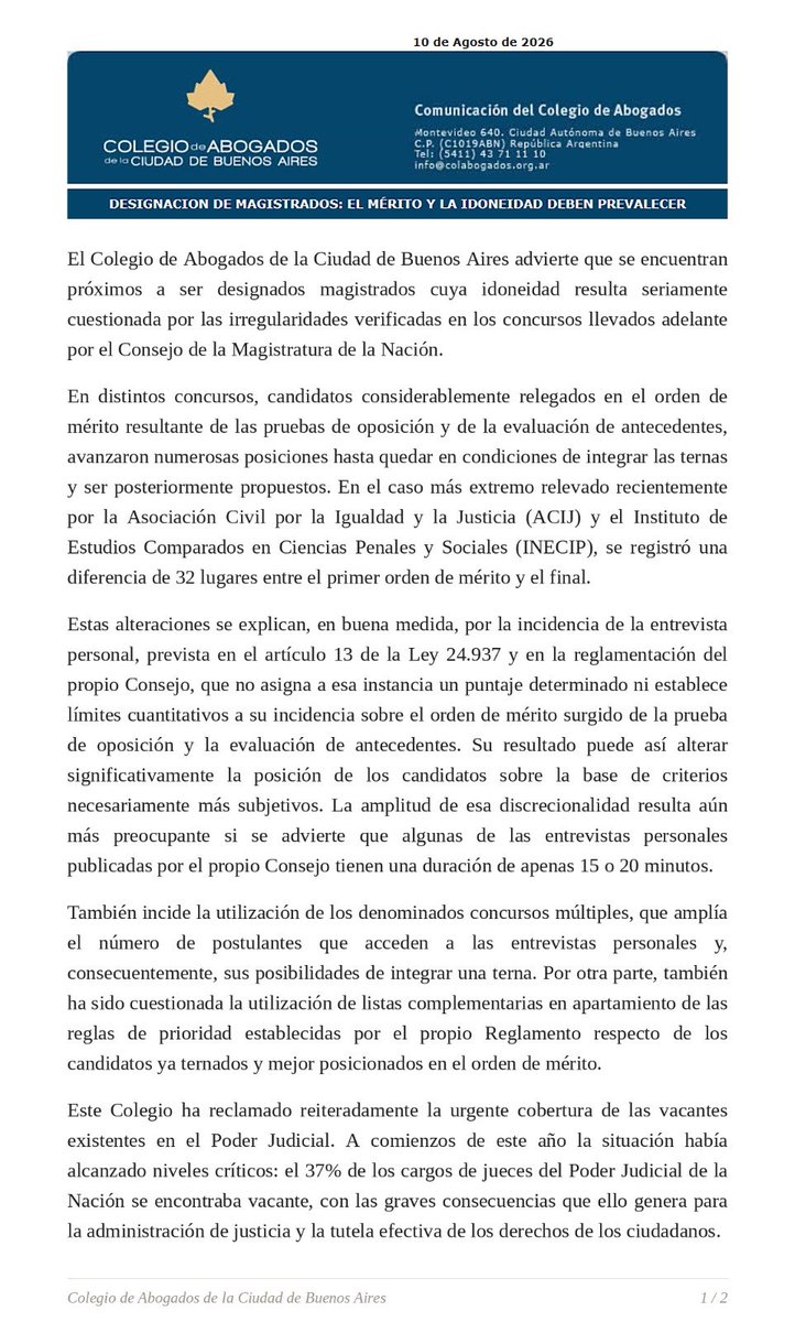 ColegioCiudad's tweet photo. EL MÉRITO Y LA IDONEIDAD DEBEN PREVALECER. 
El Colegio de Abogados de la Ciudad de Buenos Aires advirtió sobre irregularidades verificadas en los concursos llevados adelante por el Consejo de la Magistratura de la Nación para la designación de jueces. Declaración del Directorio: https://t.co/vHF3JDWOwN
