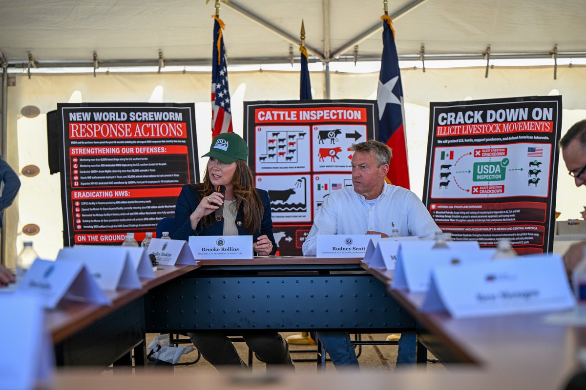 Screwworm_RR's tweet photo. LIVE: @SecRollins is convening federal, state, and local partners to review:  
  
• Current NWS cases  
• Surveillance and sterile fly releases  
• Southern livestock port reopening plans  
• Illicit livestock movements  
• Expanded USDA–DHS coordination  
  
The whole-of-government response continues.