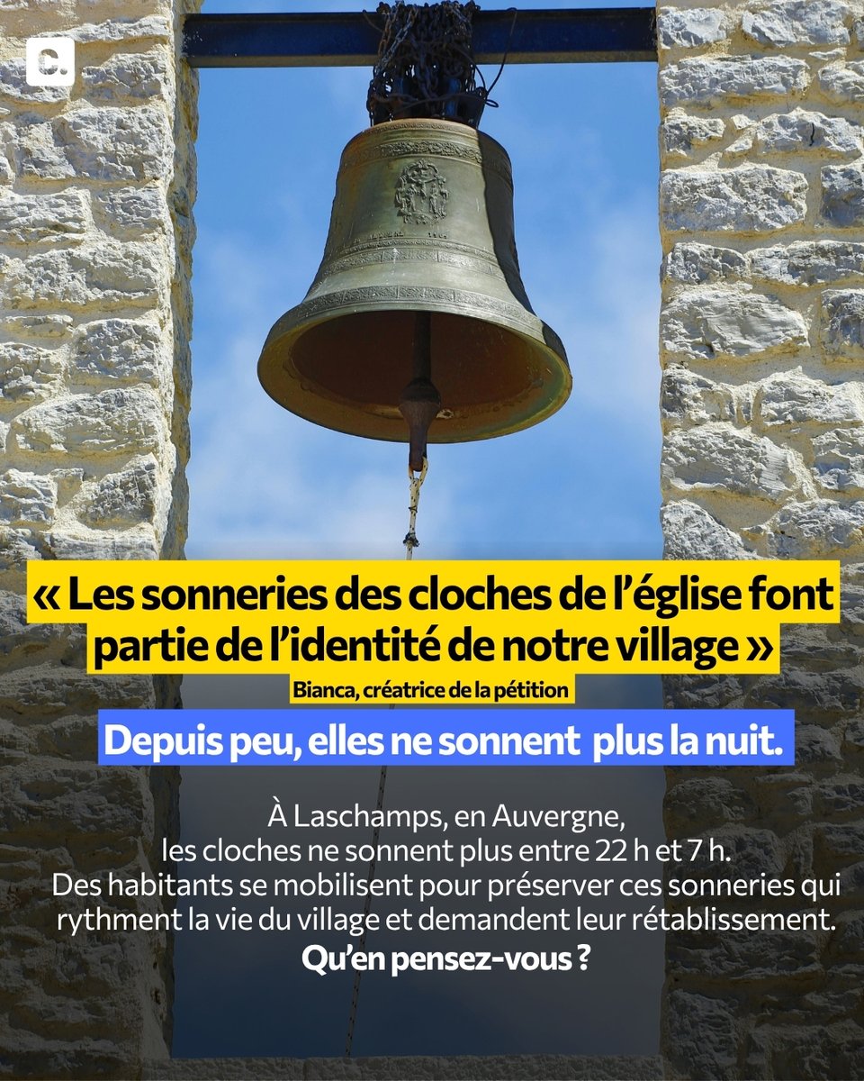 ChangeFrance's tweet photo. 🔔 À Laschamps, un petit village auvergnat, les cloches de l'église ne sonnent plus entre 22h et 7h. Dans une pétition, les habitants demandent le retour du fonctionnement traditionnel, au nom du patrimoine sonore rural : https://t.co/qK2uwmU5q3

#PatrimoineRural #Cloches #Village #Auvergne #PuyDeDome #Laschamps