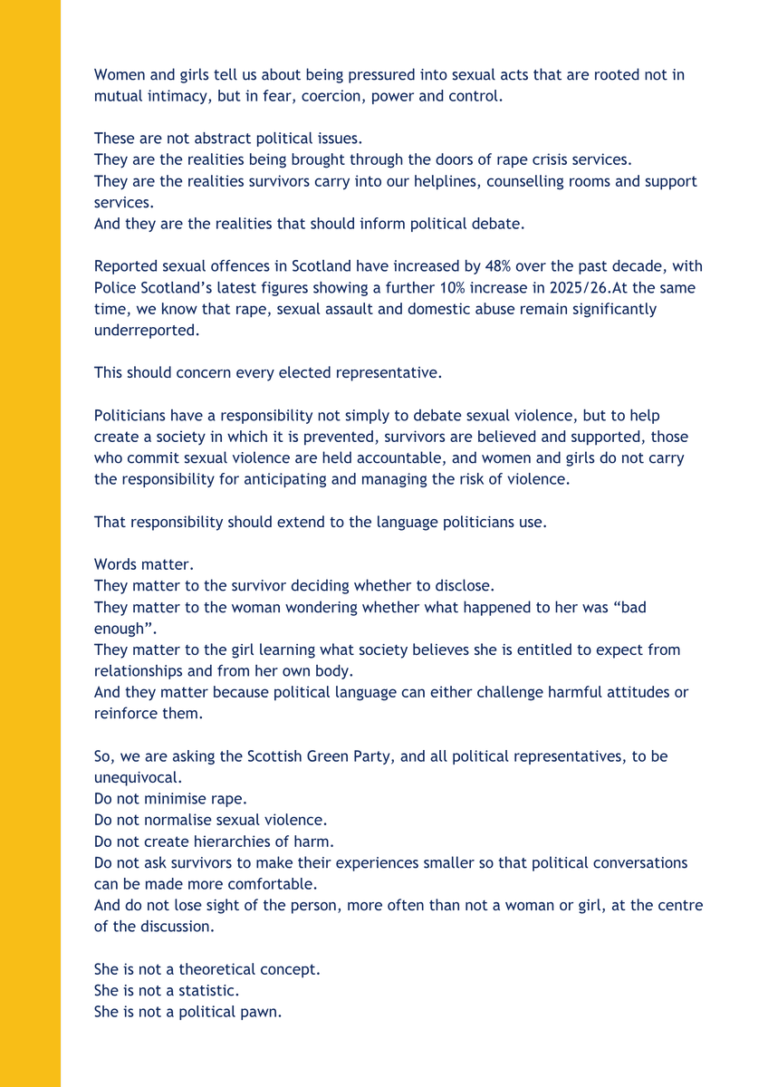 theSRCA's tweet photo. Today, Scottish Rape Crisis Alliance member centres published an open letter responding to Dr Q Manivannan MSP's comments on rape.

We are not demonising rape. We are naming it - and the harm, fear and trauma it causes.

Survivors deserve better. Women and girls deserve better. Scotland must do better.

Read the full open letter from our member centres below.