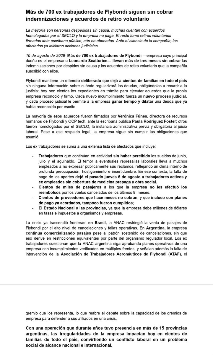 horacioalonso16's tweet photo. Preocupante: más de 700 trabajadores de Flybondi siguen sin cobrar sus indemnizaciones o retiros voluntarios. Hace 3 meses que están en esta situación, pese a tener los acuerdos homologados. https://t.co/GbfqO29Fcs