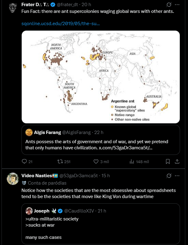 dinan0000's tweet photo. @53gaDr3amca5t great time, ants are ultra militar society and move like 10 billion tiny king vons, i think they use feromones instead spreadsheets, insane bug https://t.co/zTpdR1oT3v