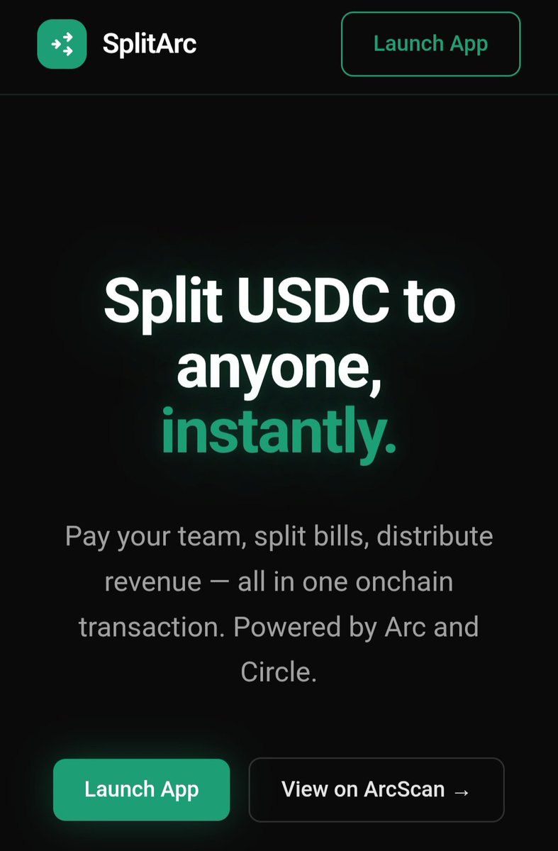 SplitArcApp's tweet photo. SplitArc is live on @arc Testnet.

Splitting stablecoin payments to multiple people onchain has always been painful. Multiple transactions. Manual address management. No record of what each payment was for.

SplitArc fixes all of that.

Connect &amp; Split- https://t.co/kAFzyClbOY https://t.co/AdrX2nv2iX