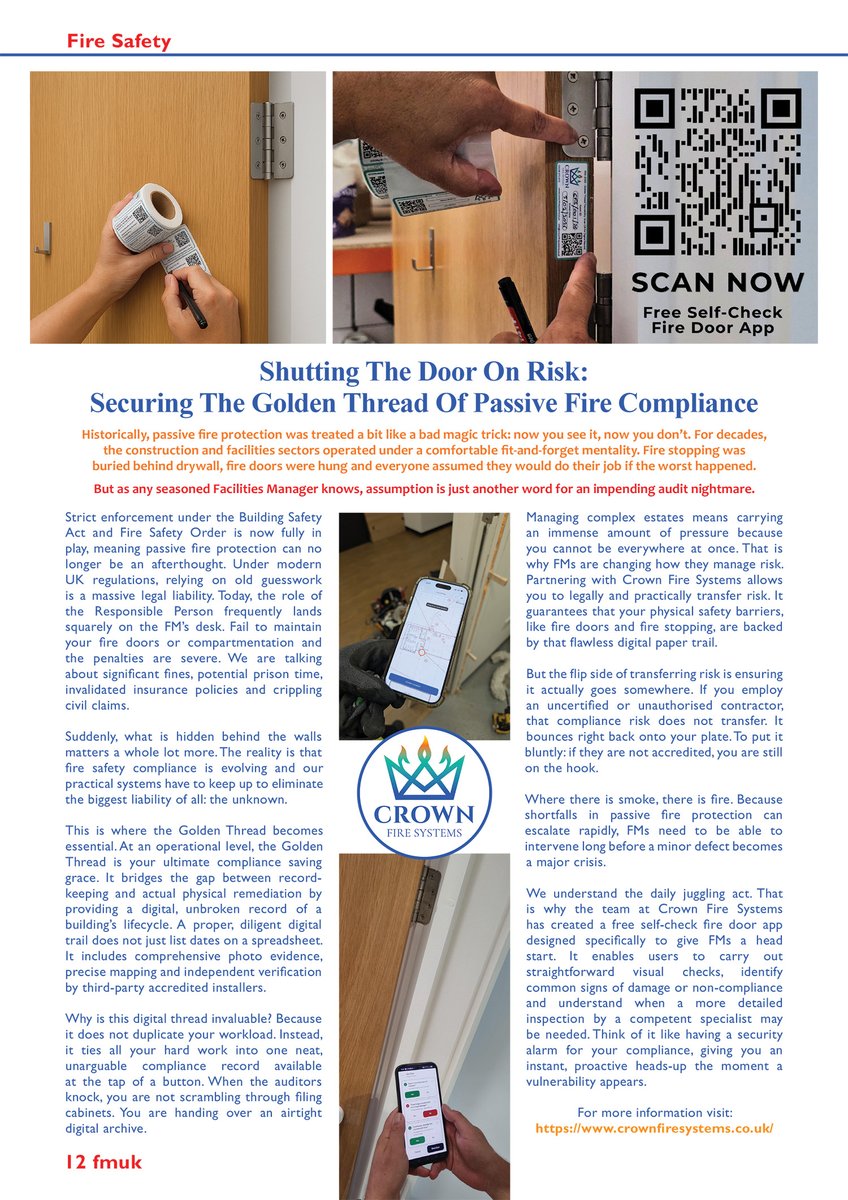 FMUKmagazine1's tweet photo. Latest Issue 📰: Crown Fire Systems has created a free self‑check #FireDoor app designed to help FMs secure the #GoldenThread of passive fire #compliance.
➡️https://t.co/OlUAyPw2iZ
#facman #FacilitiesManagement #FireSafety #PassiveFireProtection #BuildingSafety #CrownFireSystems https://t.co/KBwY0InVv4