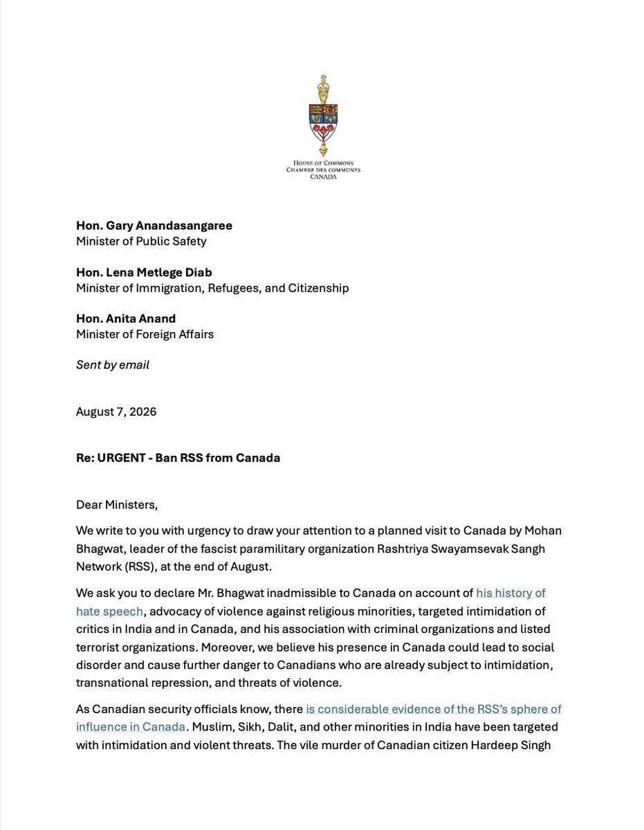 nccm's tweet photo. Please see this important open letter from MP Heather McPherson regarding the threat that the India-based Rashtriya Swayamsevak Sangh network poses to Canadian public safety. 

The RSS and its network have fought violently for decades to relegate non-Hindu minorities in India, including Muslims, Sikhs, Christians, and many others, into second-class citizenship. 

Its affiliate groups have longs operated in Canada, often as tax-exempt charities, while sending money back overseas for operations. 

Its Chief Leader, Mohan Bhagwat, is also scheduled to make his first visit to Canada on August 31st. Canada must not let him in to rally RSS members and supporters around their hateful ideology. 

The RSS's violent and hate-based network has no place in Canada and must be wholly banned from operating on Canadian soil.
