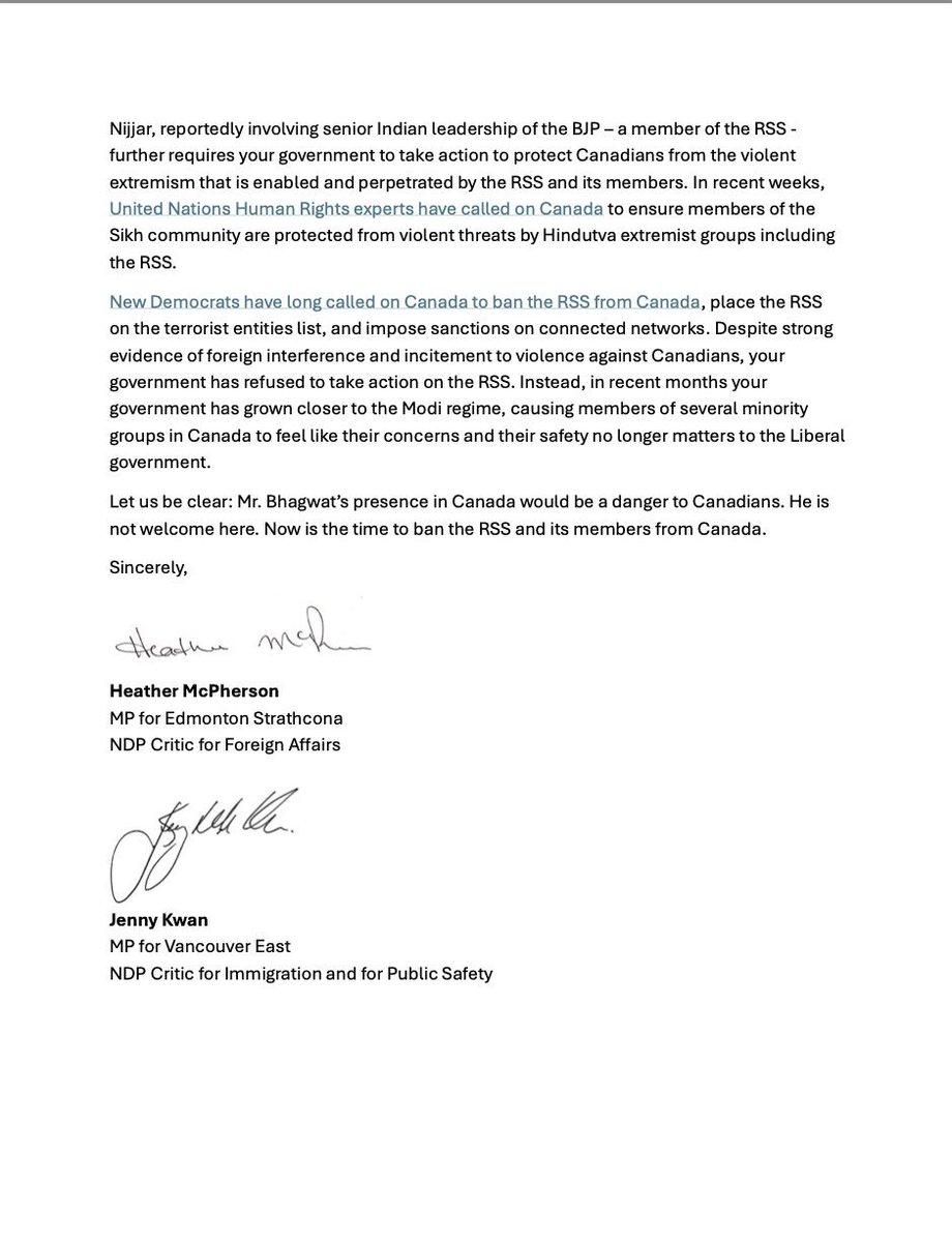 nccm's tweet photo. Please see this important open letter from MP Heather McPherson regarding the threat that the India-based Rashtriya Swayamsevak Sangh network poses to Canadian public safety. 

The RSS and its network have fought violently for decades to relegate non-Hindu minorities in India, including Muslims, Sikhs, Christians, and many others, into second-class citizenship. 

Its affiliate groups have longs operated in Canada, often as tax-exempt charities, while sending money back overseas for operations. 

Its Chief Leader, Mohan Bhagwat, is also scheduled to make his first visit to Canada on August 31st. Canada must not let him in to rally RSS members and supporters around their hateful ideology. 

The RSS's violent and hate-based network has no place in Canada and must be wholly banned from operating on Canadian soil.